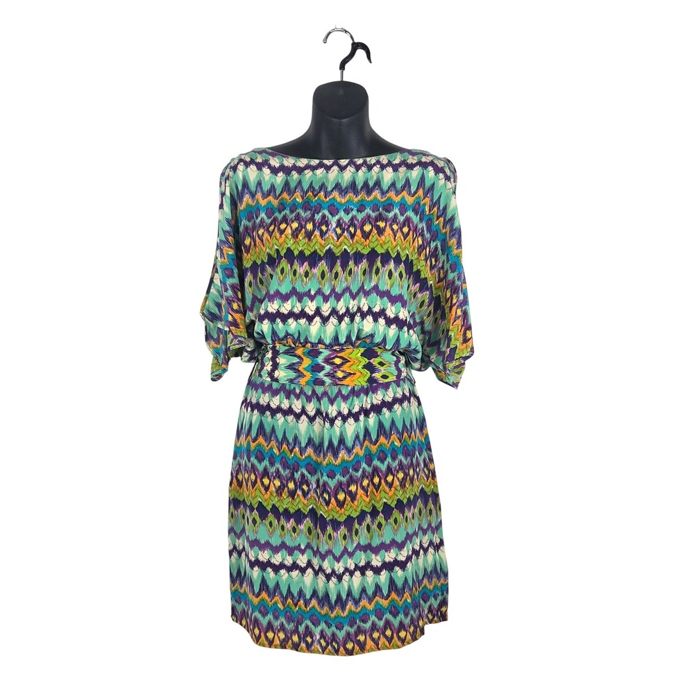 Amour Vert Silk Ikat Print Cold Shoulder Mini Cocktail Dress S Boho Festival